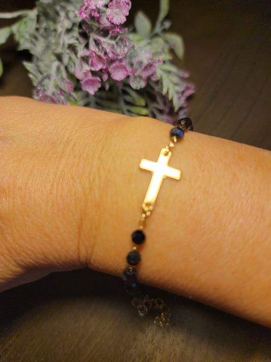 Gold Bracelet with Black Beads and Cross