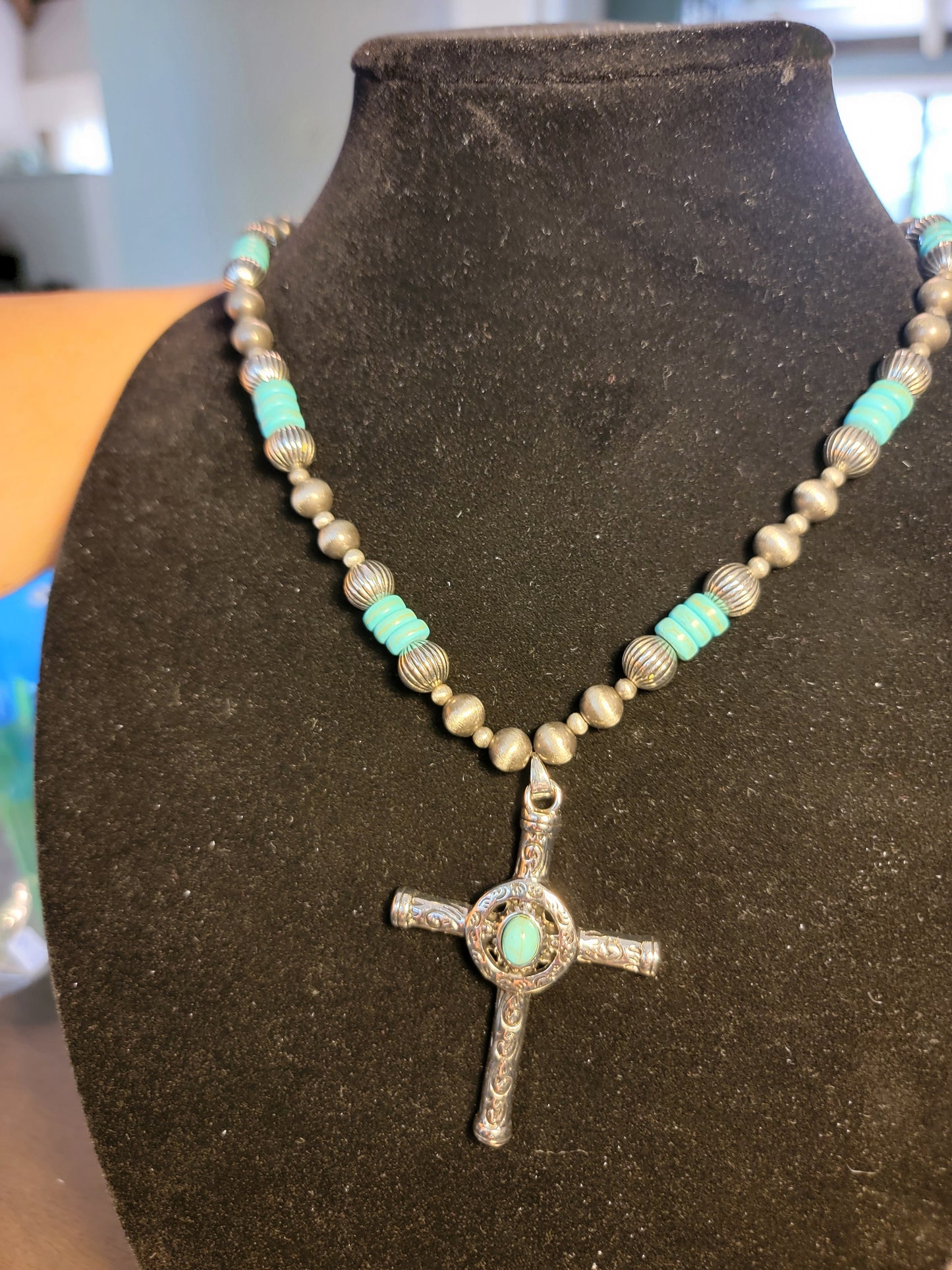 Vintage Boho Turquoise Cross Necklace