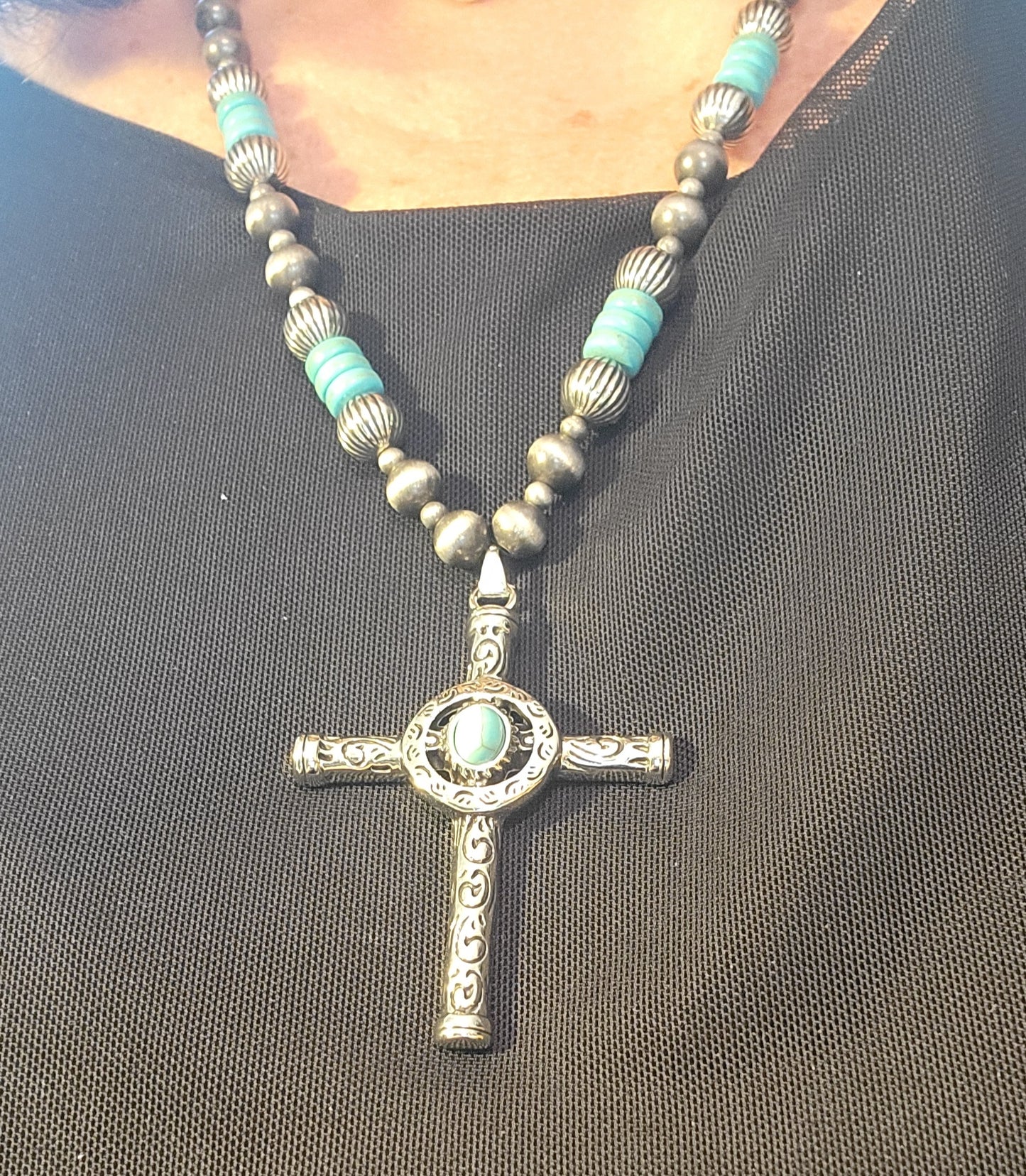 Vintage Boho Turquoise Cross Necklace