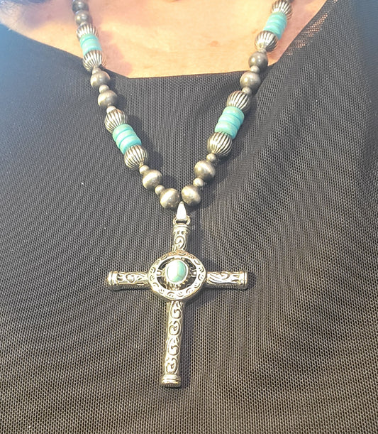 Vintage Boho Turquoise Cross Necklace