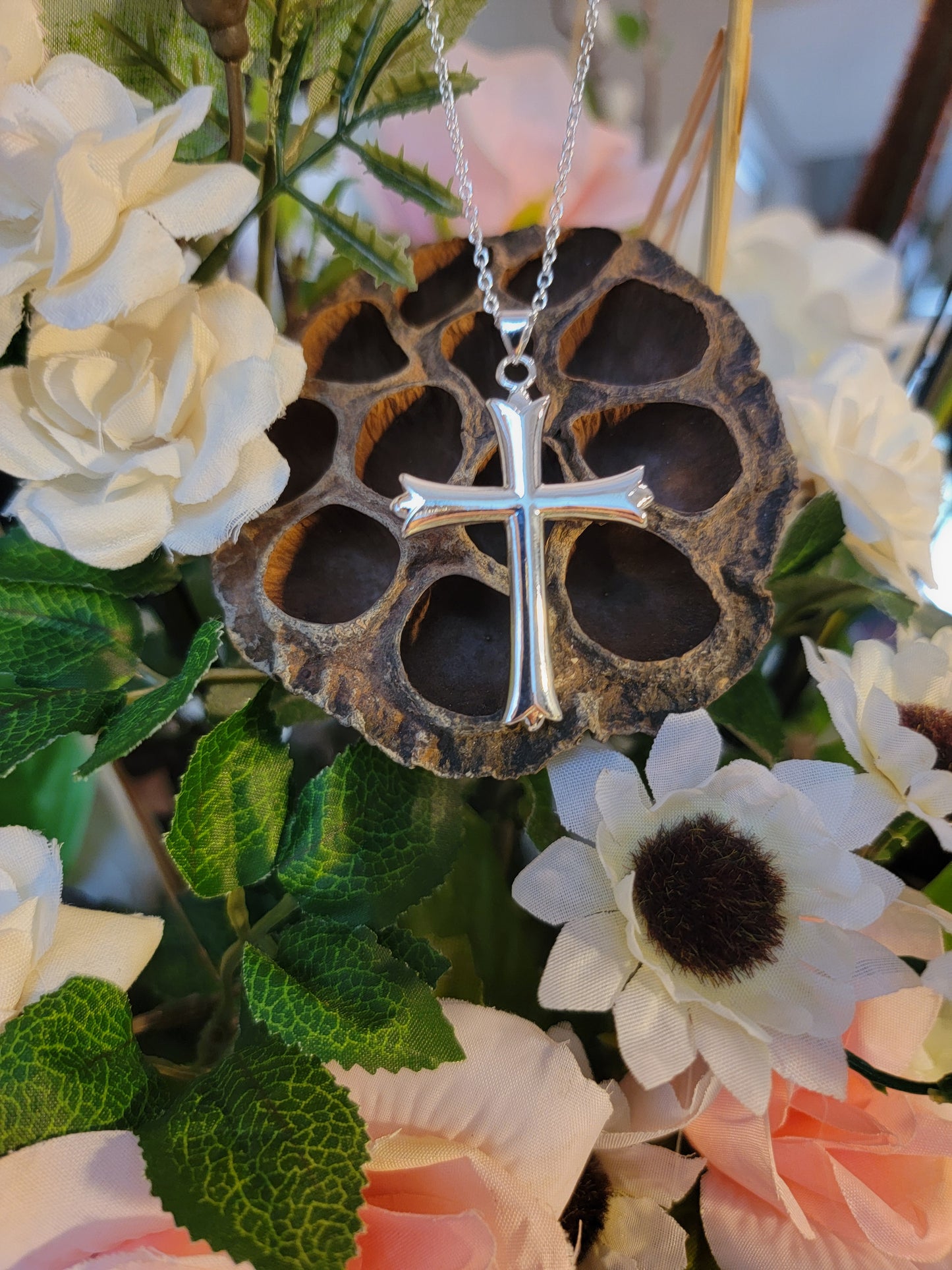 Cross Necklace with Scalloped Edges