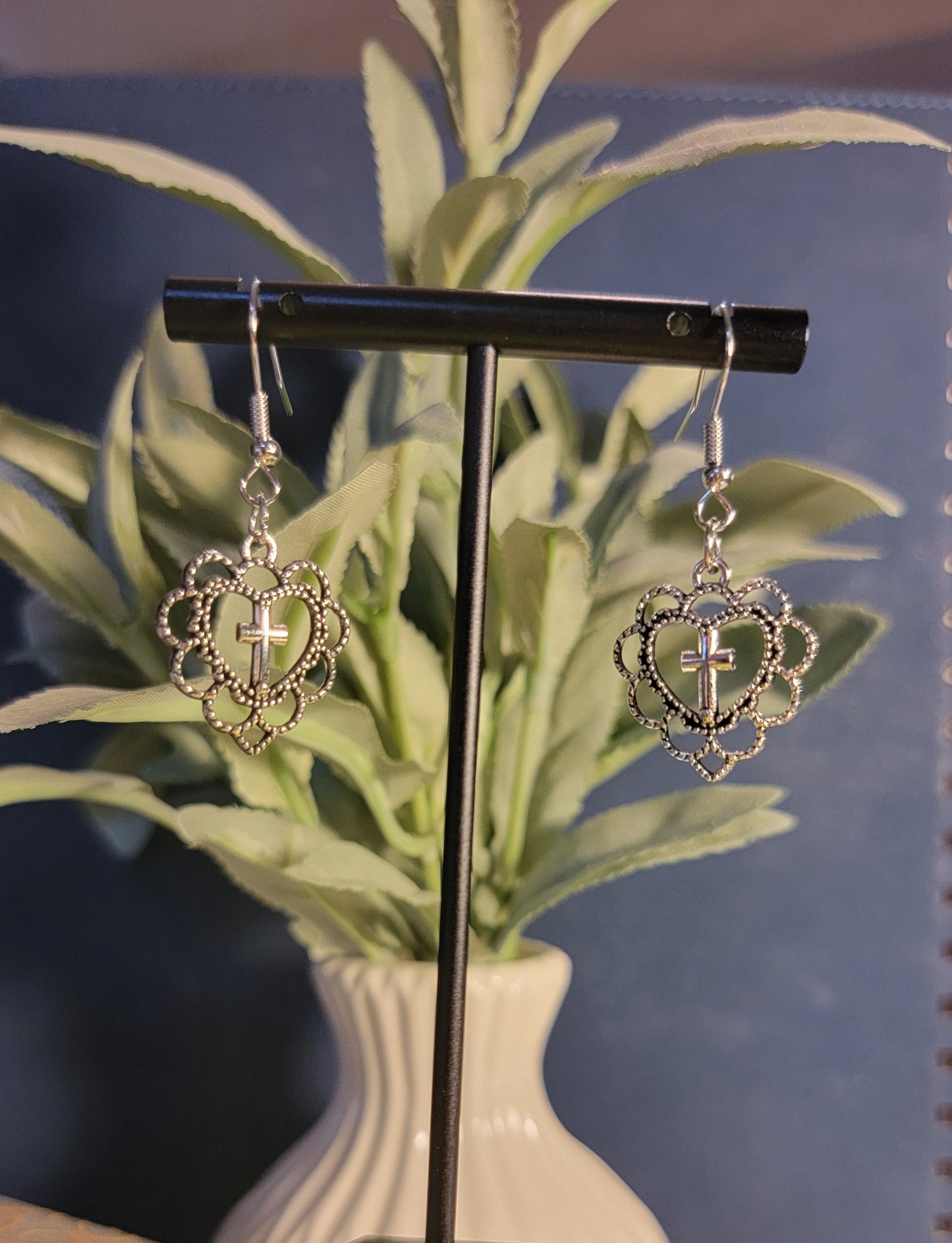 Dangle Heart Cross Earrings