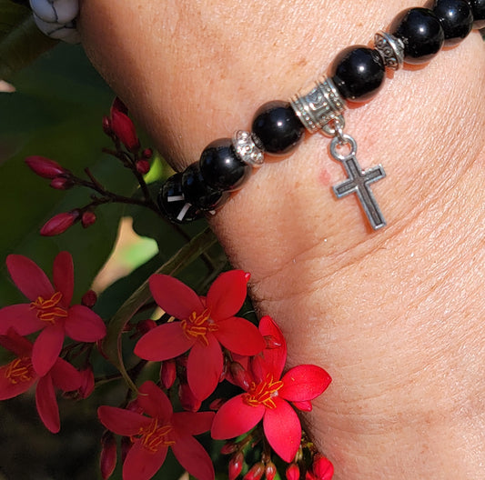Black Agates Bracelet with dangle Cross