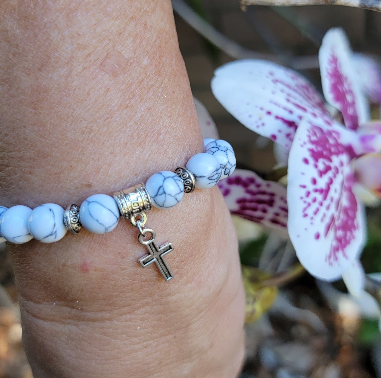 White Quartz Bracelet with dangle Cross