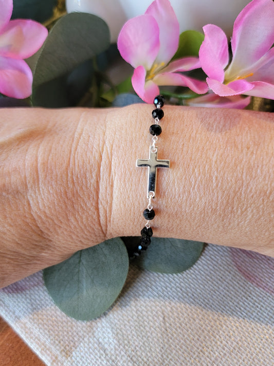 Silver Bracelet with Black Beads and Cross