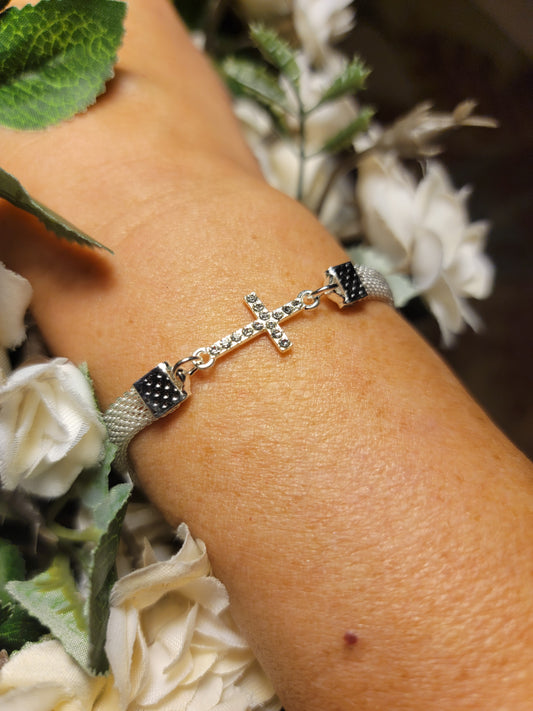 Silver cross bracelet zircon with rhinestones