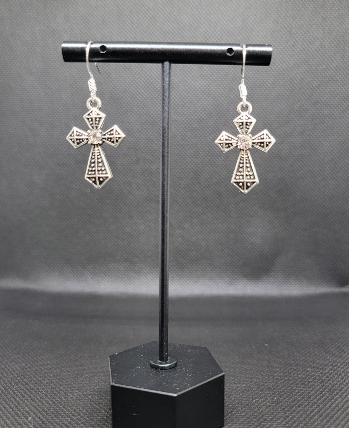 Silver cross earrings with single rhinestones