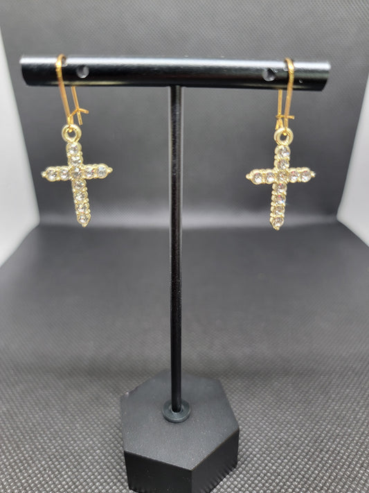 Gold cross earrings with rhinestones