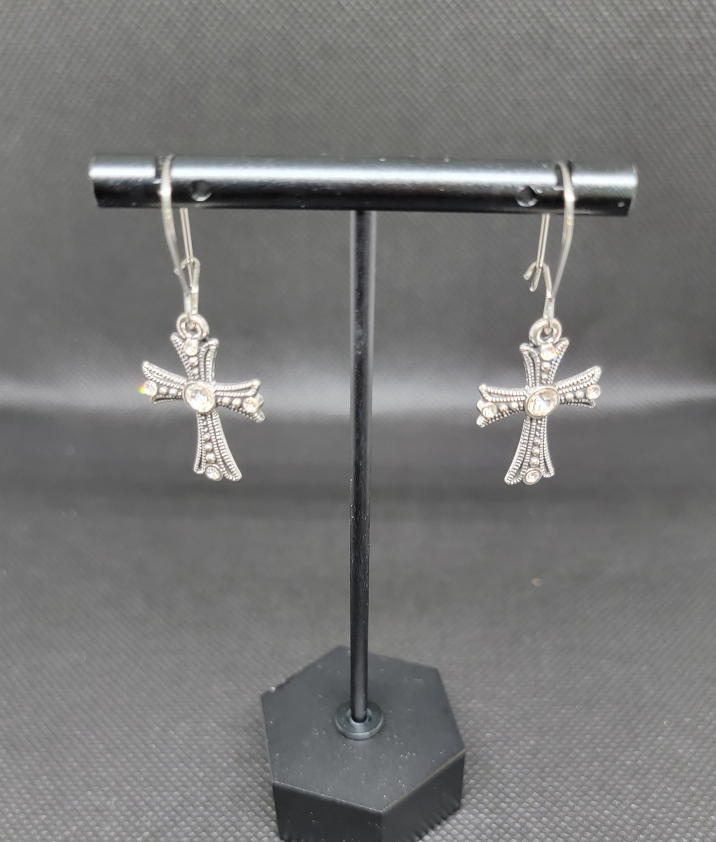 Silver cross earrings with rhinestones