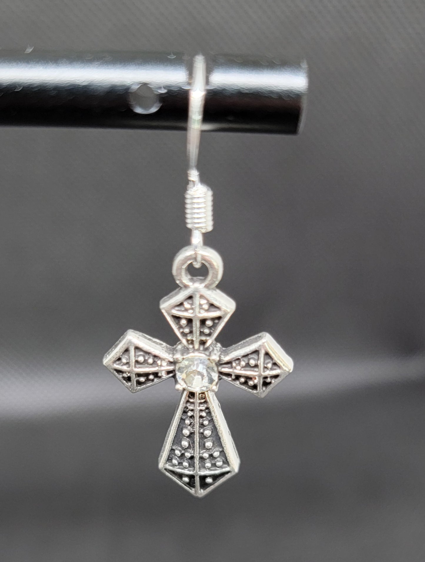 Silver cross earrings with single rhinestones