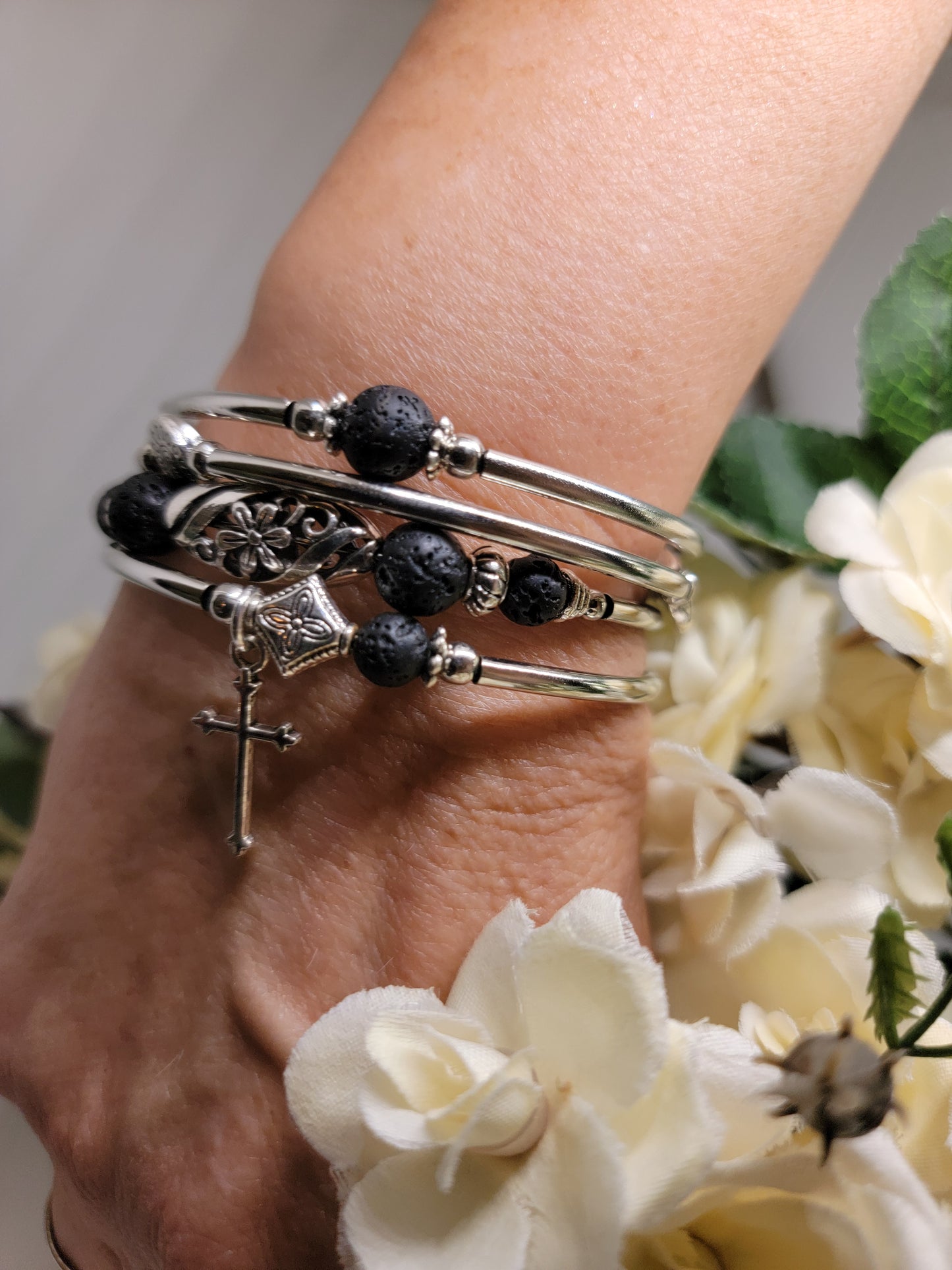 Black natural stone wrap bracelet with cross