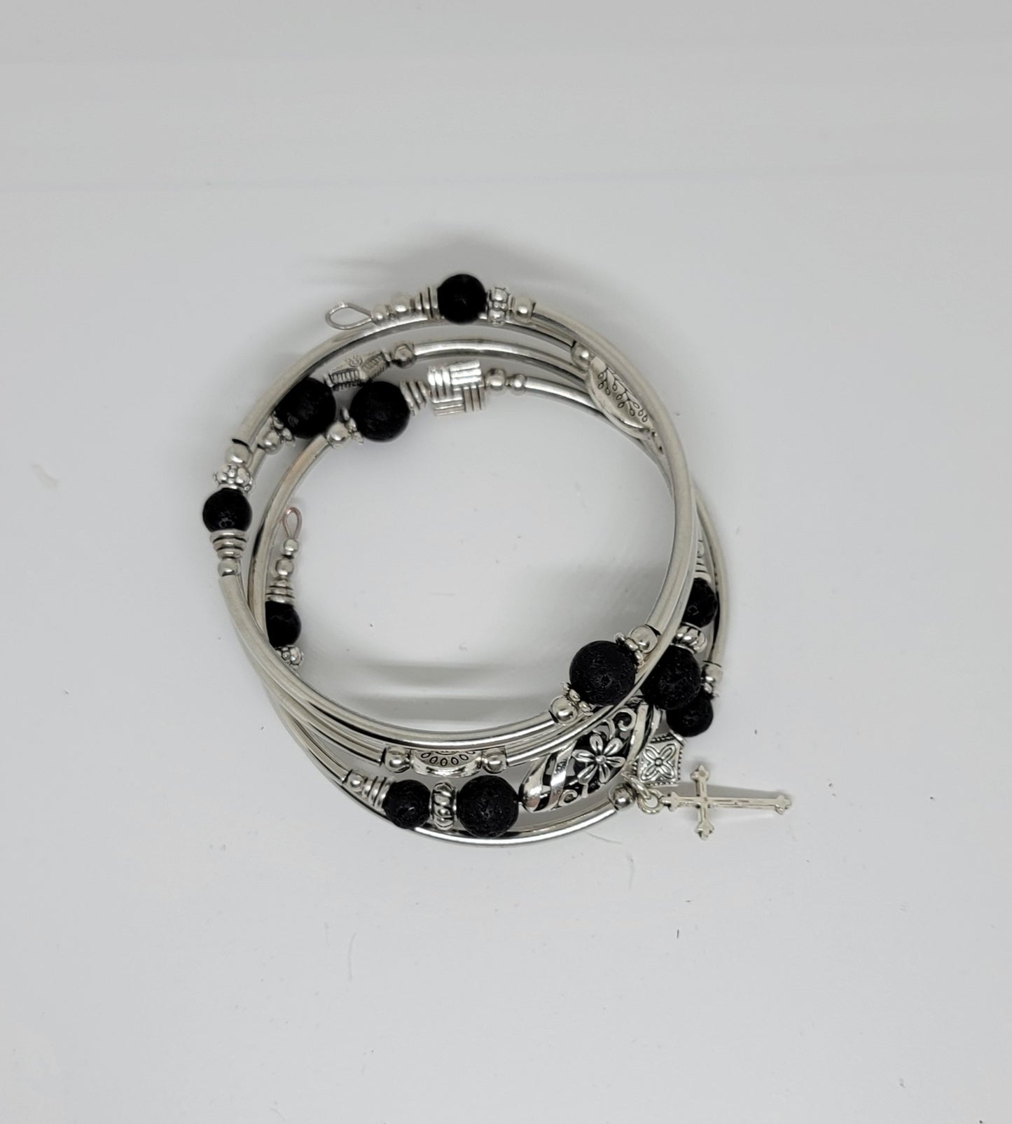 Black natural stone wrap bracelet with cross