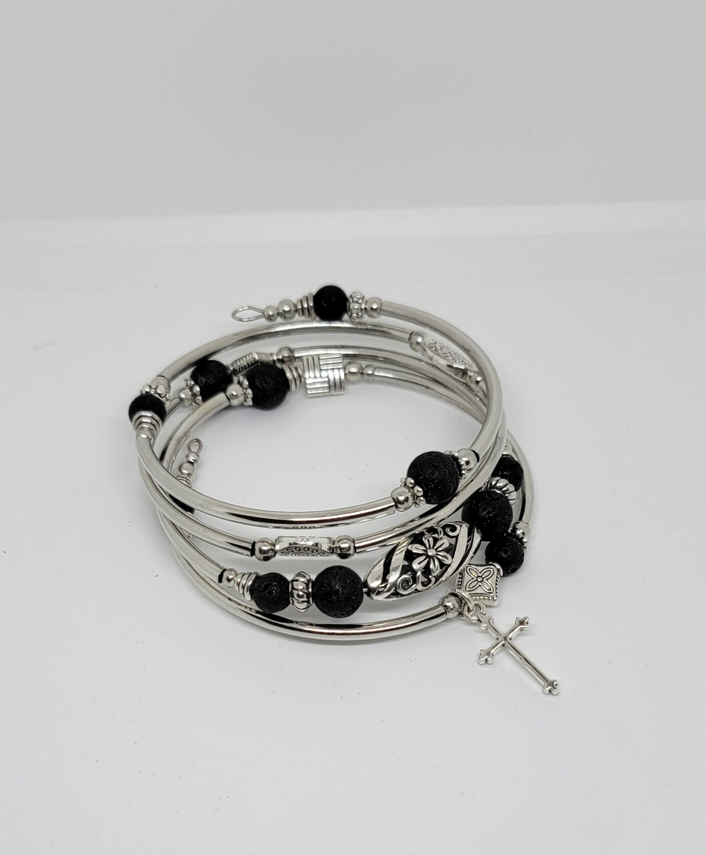 Black natural stone wrap bracelet with cross