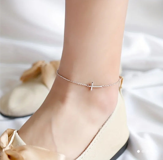 Thin 925 Silver Cross Anklet