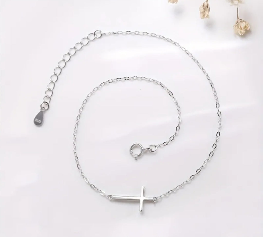 Thin 925 Silver Cross Anklet