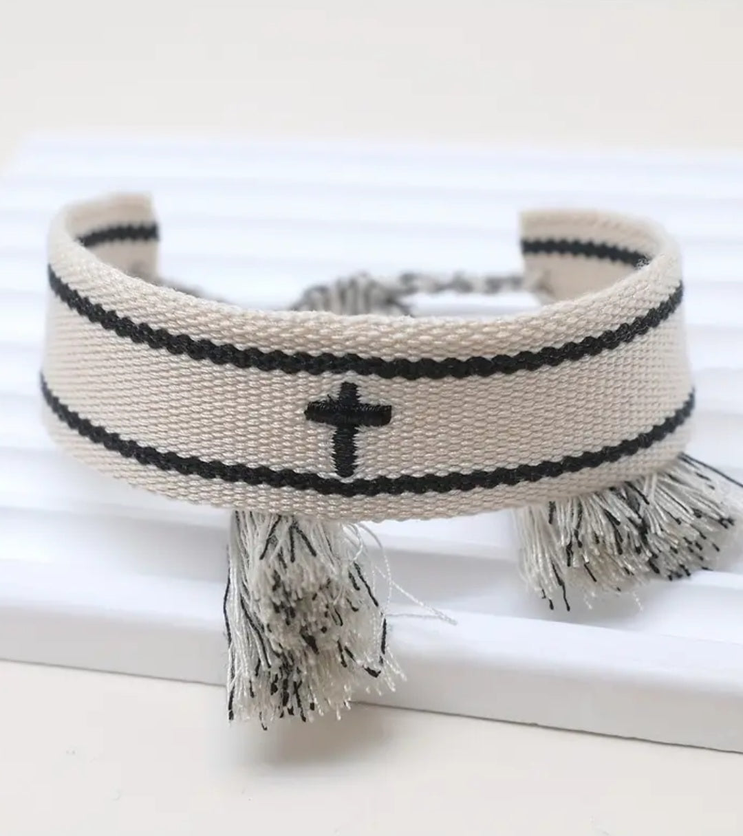 Embroidered Cross Bracelet - Cream