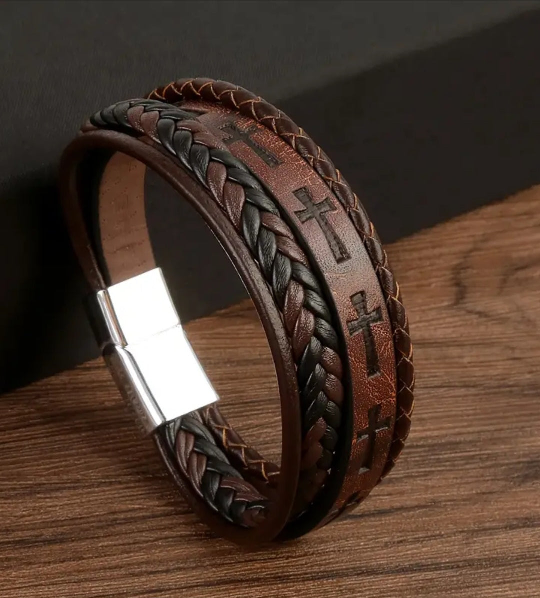 Twisted Braides PU Leather Cross Bracelet - Coffee