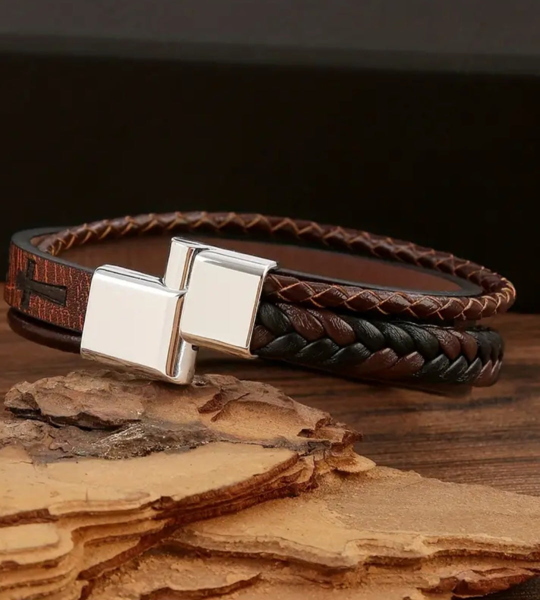 Twisted Braides PU Leather Cross Bracelet - Coffee