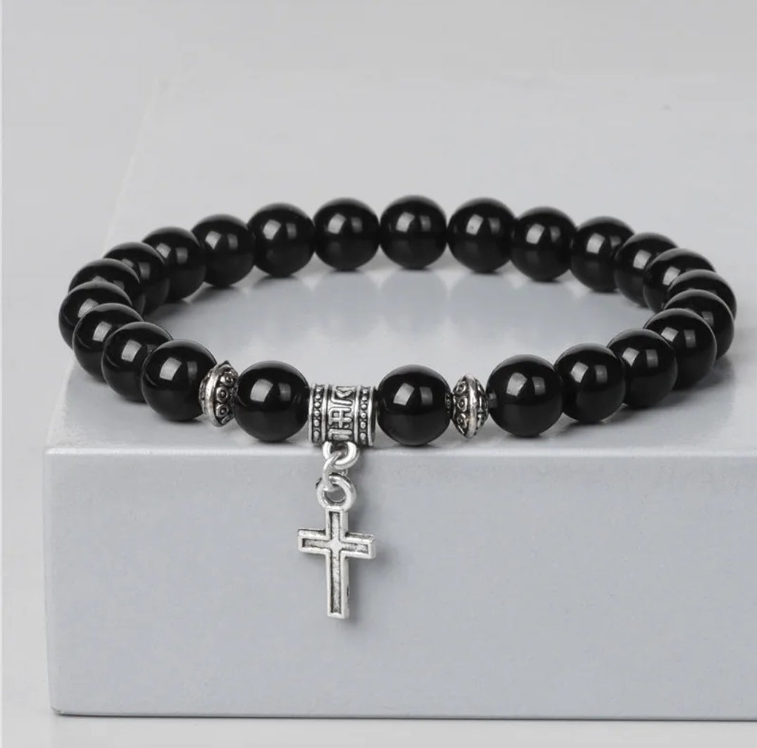Black Agates Bracelet with dangle Cross