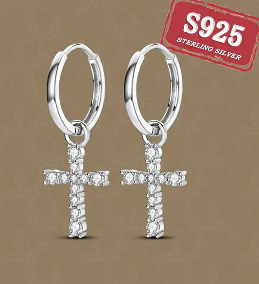 Sterling Silver Dangle Cross Earrings with Rhinestones