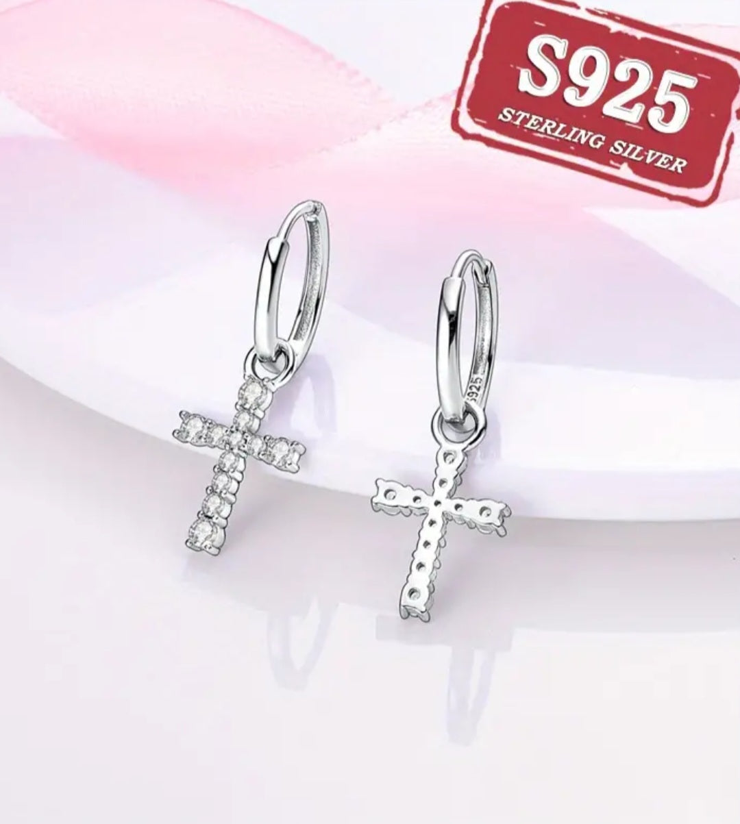 Sterling Silver Dangle Cross Earrings with Rhinestones