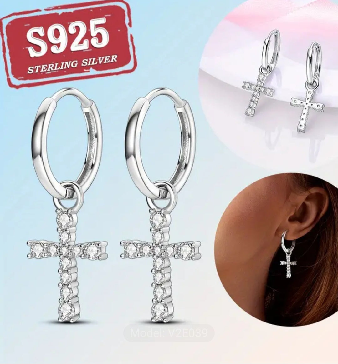 Sterling Silver Dangle Cross Earrings with Rhinestones