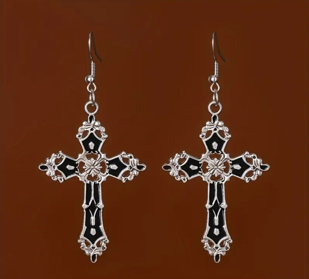 Elegant Black Vintage Dangle Cross Earrings