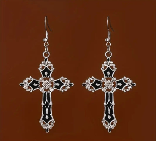 Elegant Black Vintage Dangle Cross Earrings