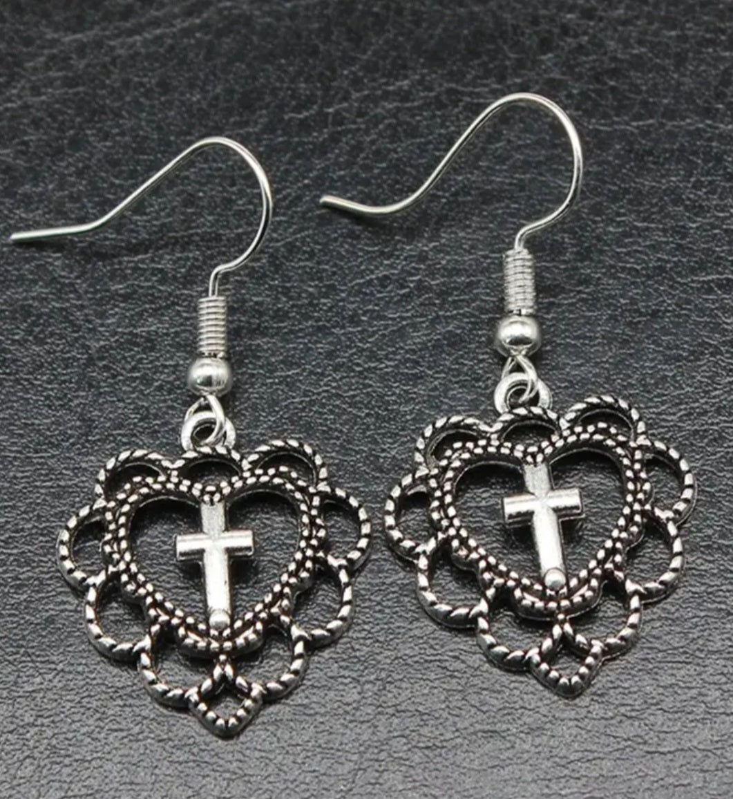 Dangle Heart Cross Earrings