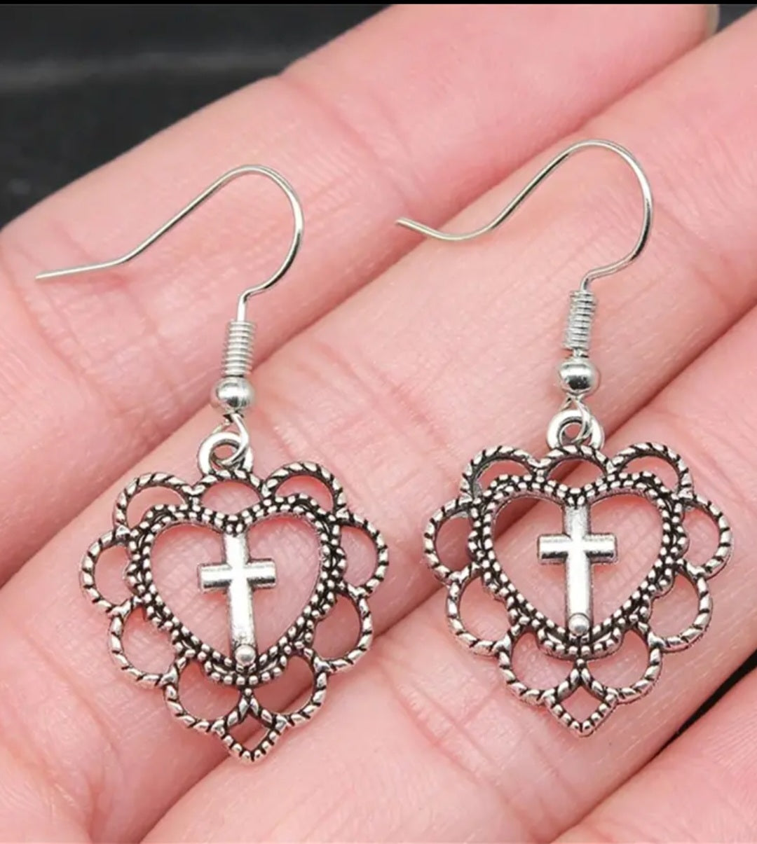 Dangle Heart Cross Earrings