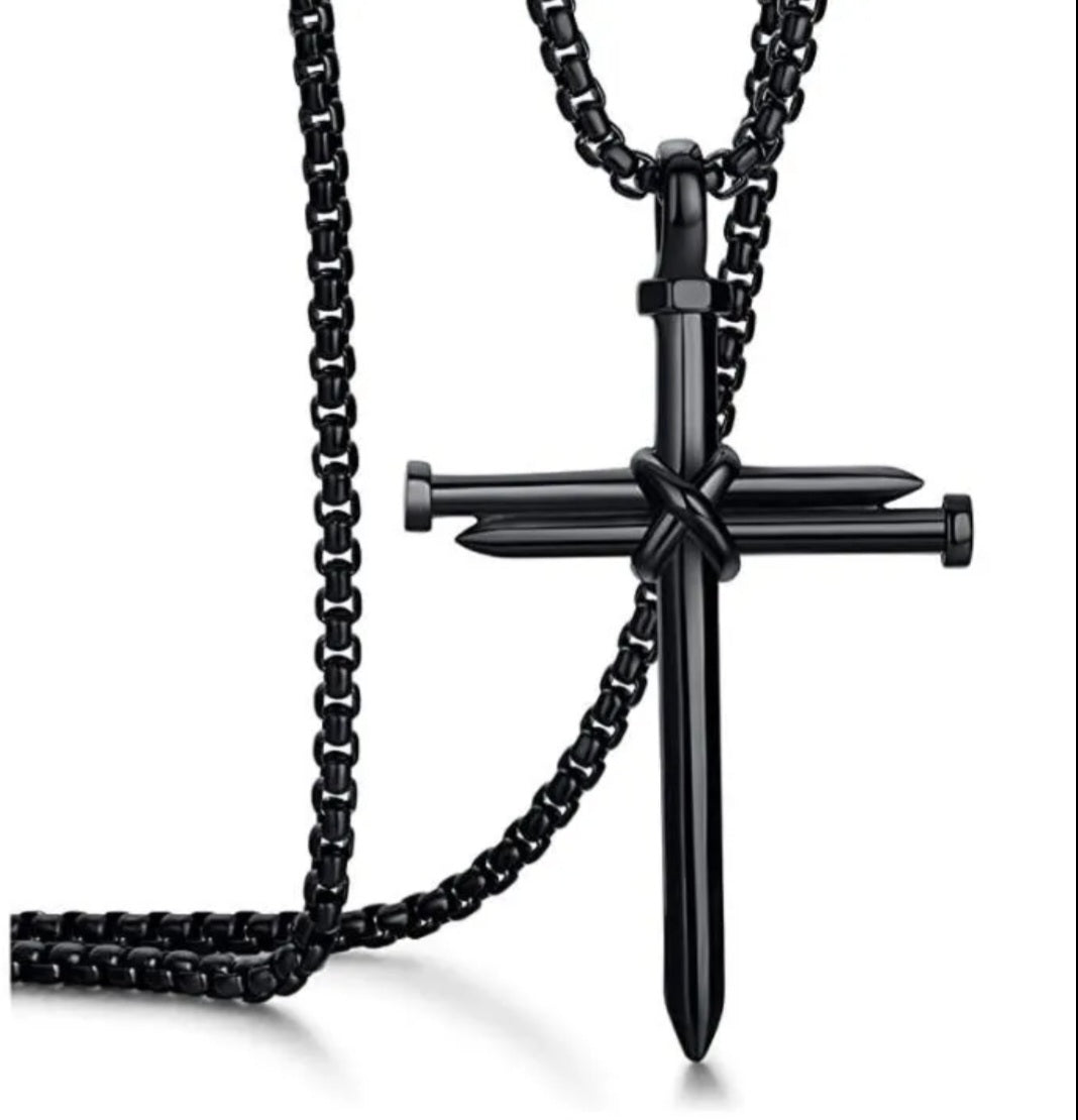 Black Stainless Steel Nail Cross Necklace