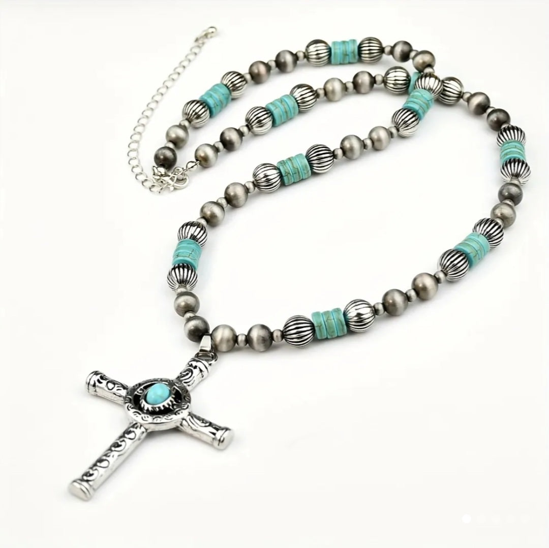 Vintage Boho Turquoise Cross Necklace