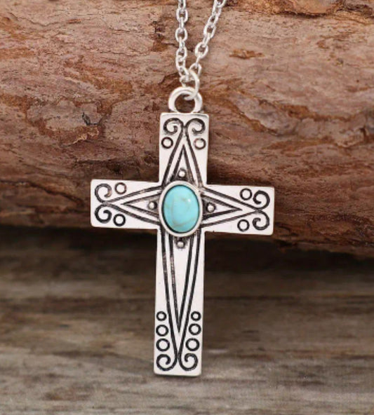 Vintage Carved Pattern Cross Necklace with Turquoise Inlaid