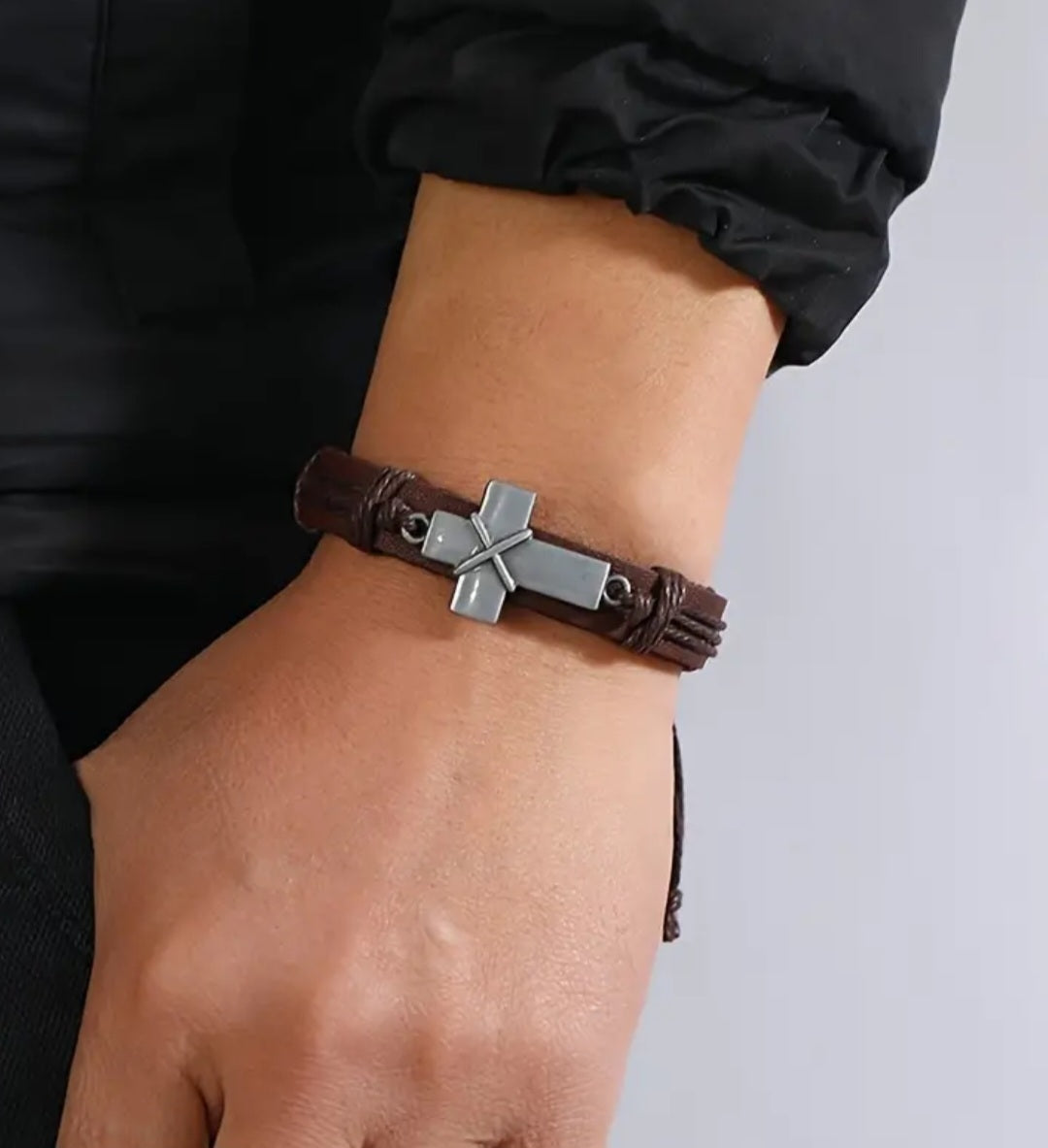 Leather cross bracelet with draw string, unisex, men's bracelet