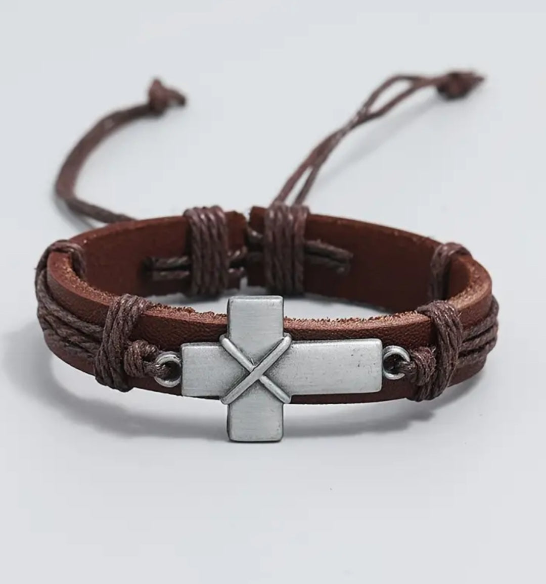 Leather cross bracelet with draw string, unisex, men's bracelet