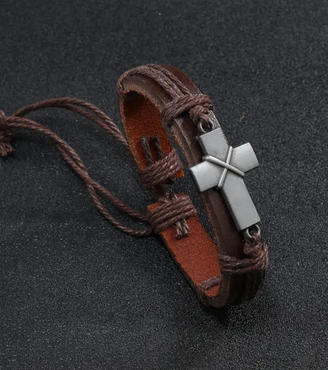 Leather cross bracelet with draw string, unisex, men's bracelet