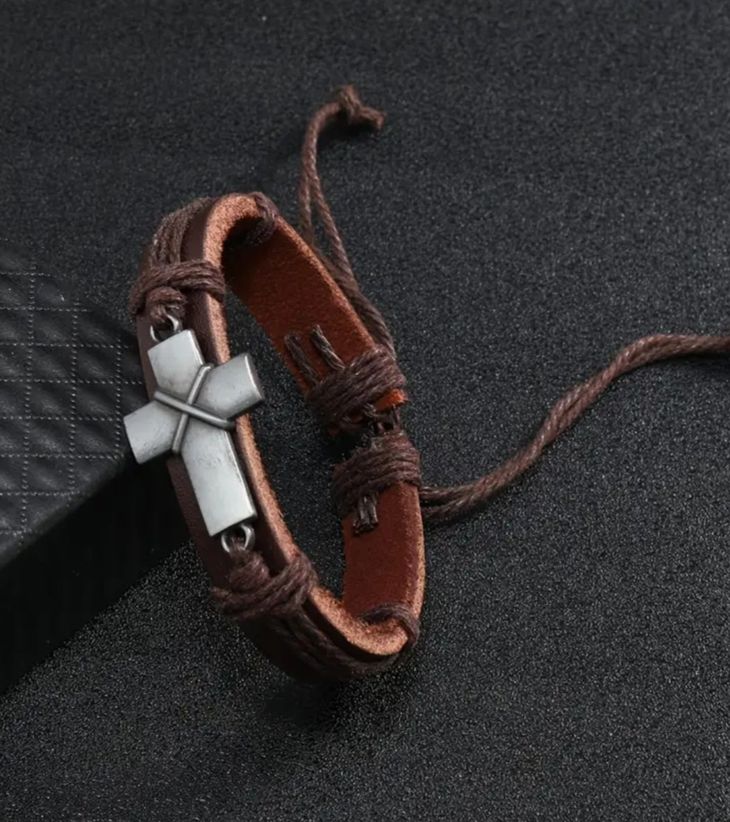 Leather cross bracelet with draw string, unisex, men's bracelet