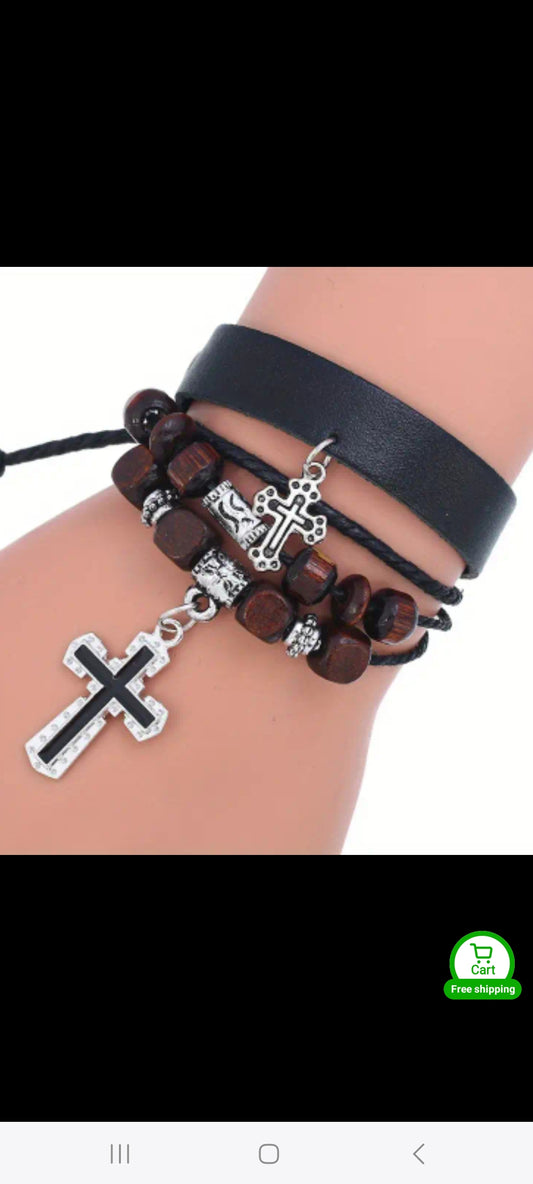 Black PU leather bracelet with 2 crosses and beads