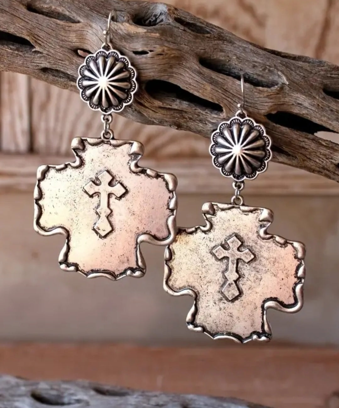 Silver antique dangle cross earrings