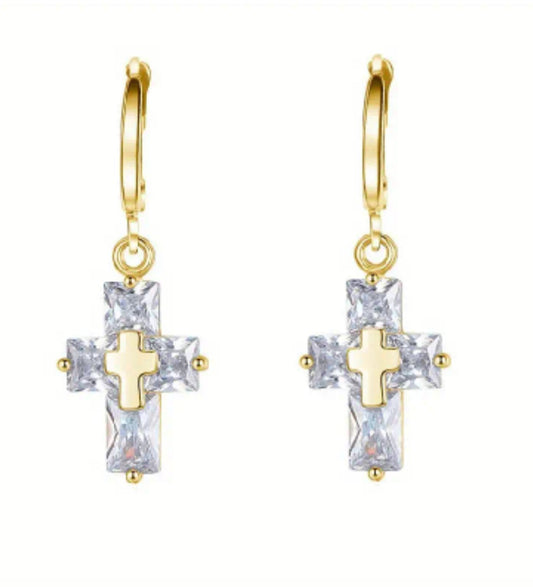 Gold cross on crystal earrings