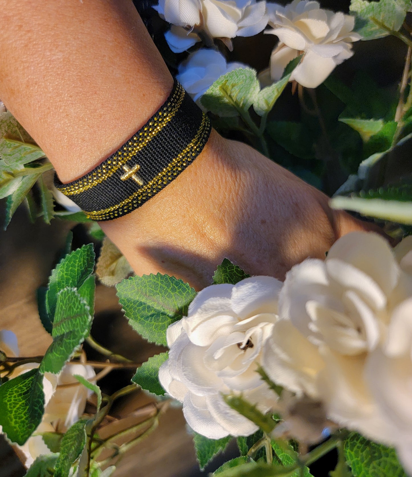 Embroidered Cross Bracelet - Black