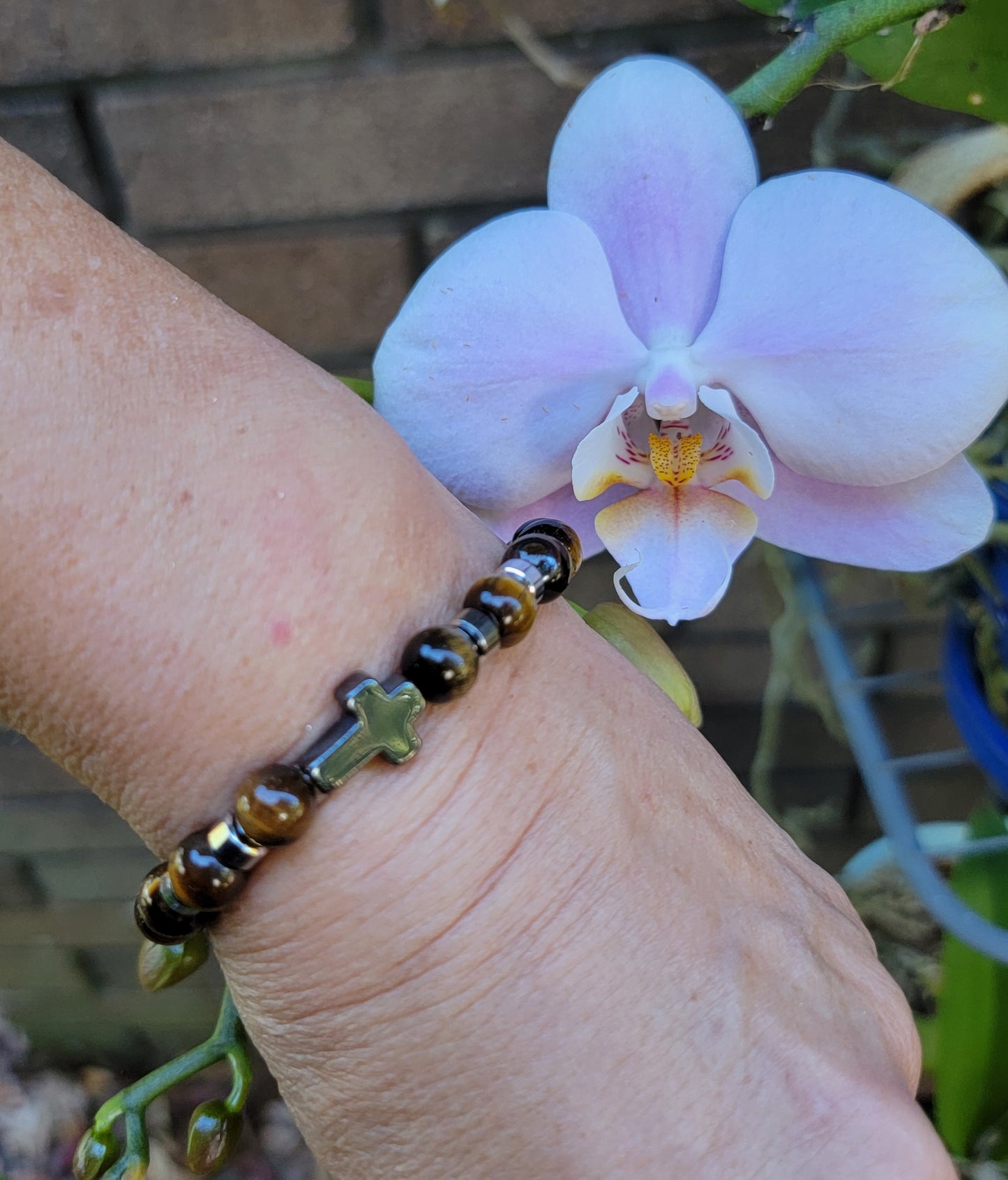 Black Agates Bracelet with dangle Cross