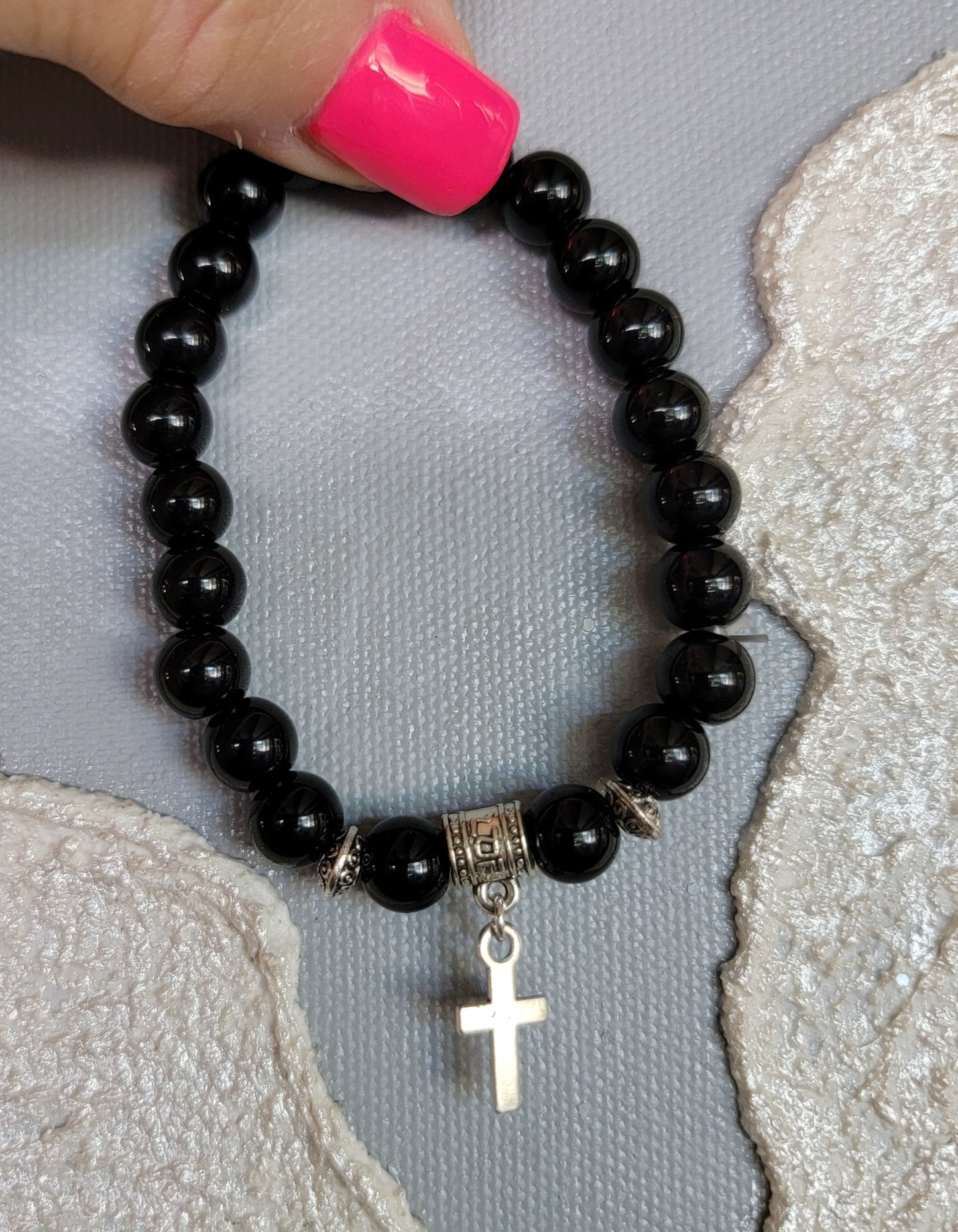 Black Agates Bracelet with dangle Cross