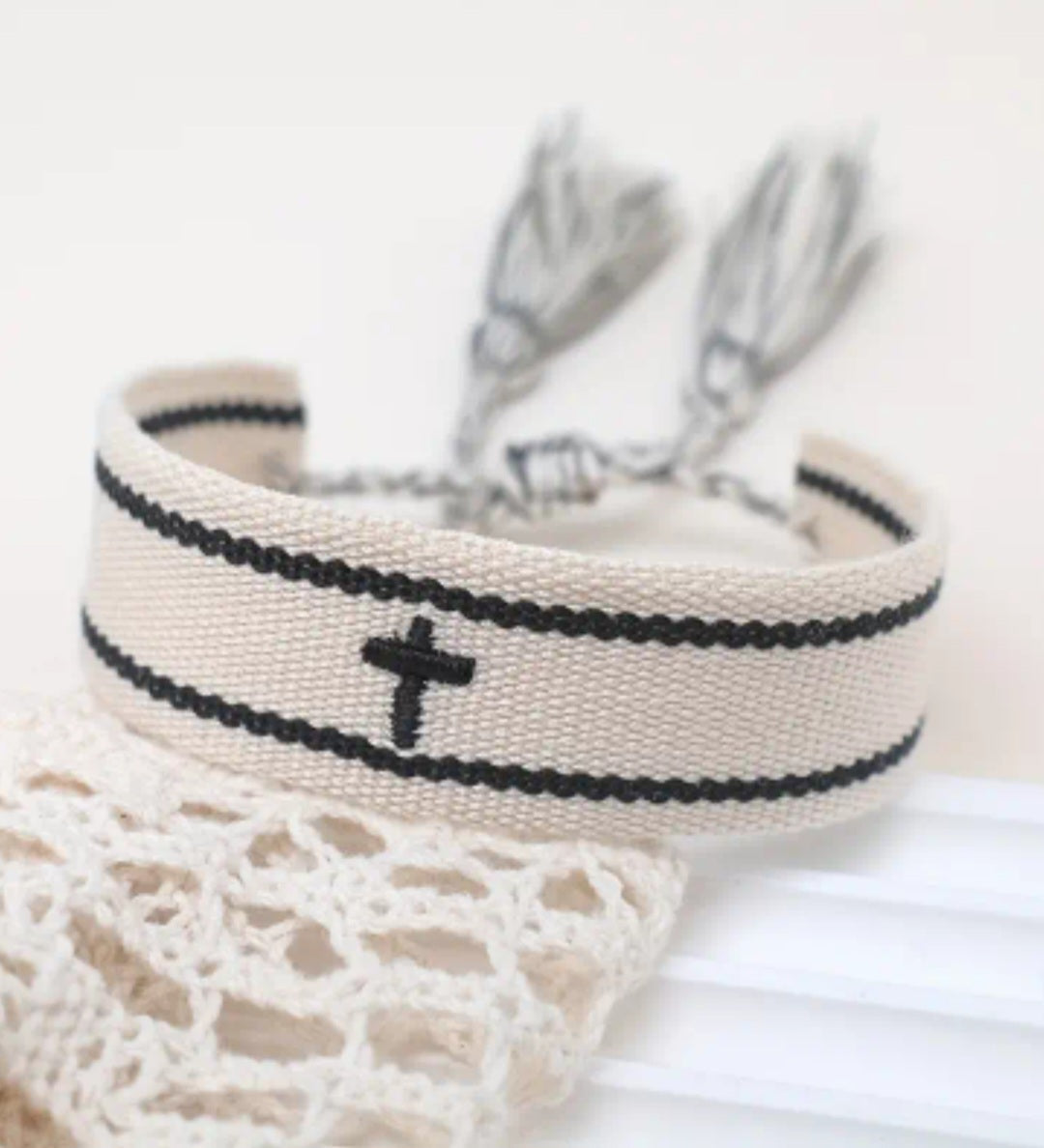 Embroidered Cross Bracelet - Cream