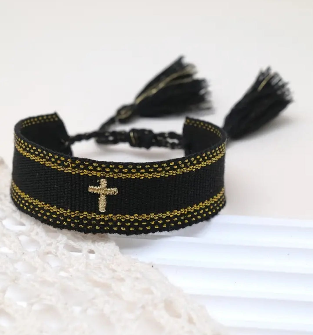 Embroidered Cross Bracelet - Black