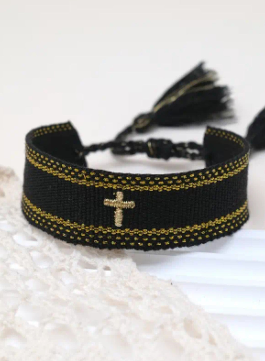 Embroidered Cross Bracelet - Black