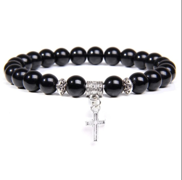 Black Agates Bracelet with dangle Cross