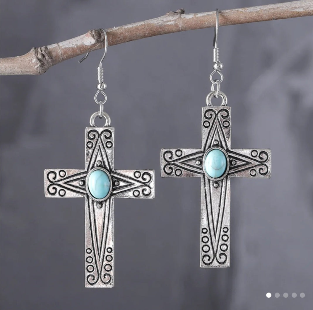 Vintage Carved Pattern Cross Earrings with Turquoise Inlaid