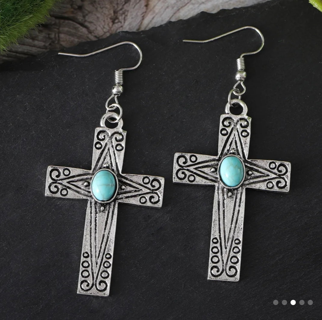 Vintage Carved Pattern Cross Earrings with Turquoise Inlaid