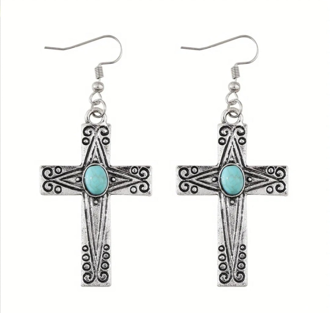 Vintage Carved Pattern Cross Earrings with Turquoise Inlaid